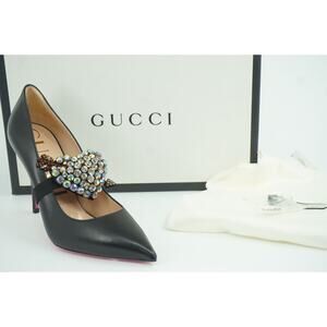 Gucci Black Leather Virginia 95 Crystal Heart Pump Size 38 NIB $1280 Pointy